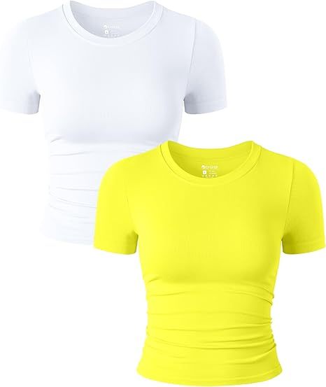 Womens 2 Piece Shirts Short Sleeve Crew Neck Ruched Stretch Fitted Tee Shirts Crop Tops