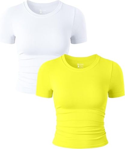 Womens 2 Piece Shirts Short Sleeve Crew Neck Ruched Stretch Fitted Tee Shirts Crop Tops