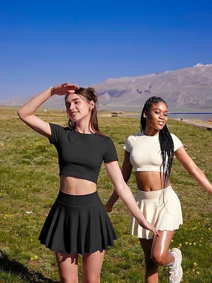 Women Mini Skirts 2 in 1 Flowy Basic Versatile Stretchy Flared Casual A-line Skirt with Pockets