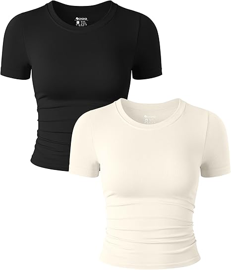 Womens 2 Piece Shirts Short Sleeve Crew Neck Ruched Stretch Fitted Tee Shirts Crop Tops