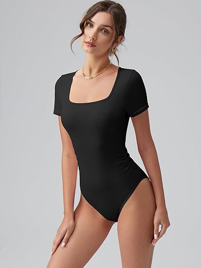 Women Bodysuits Ruched Short Sleeve Square Neck Stretch Lounge Travel Bodysuits