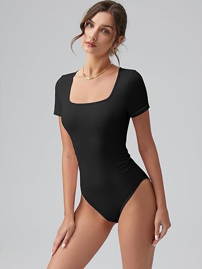 Women Bodysuits Ruched Short Sleeve Square Neck Stretch Lounge Travel Bodysuits