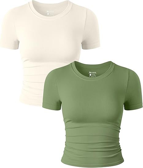 Womens 2 Piece Shirts Short Sleeve Crew Neck Ruched Stretch Fitted Tee Shirts Crop Tops
