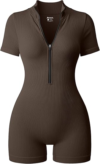 Women Rompers Ribbed Short Sleeve Zip Front Stretch Tummy Control Yoga Workout Rompers