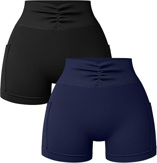 Women’s Mini Workout Shorts 2 Piece V-Shaped High Waist Stretchy Yoga Shorts with Pockets ￼ ￼ ￼ ￼ ￼ ￼ ￼ ￼ ￼