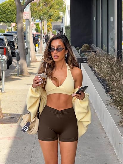 Women’s Mini Workout Shorts 2 Piece V-Shaped High Waist Stretchy Yoga Shorts with Pockets 