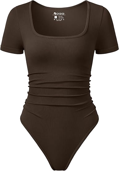Women Bodysuits Ruched Short Sleeve Square Neck Stretch Lounge Travel Bodysuits