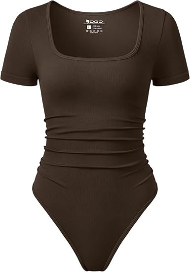 Women Bodysuits Ruched Short Sleeve Square Neck Stretch Lounge Travel Bodysuits