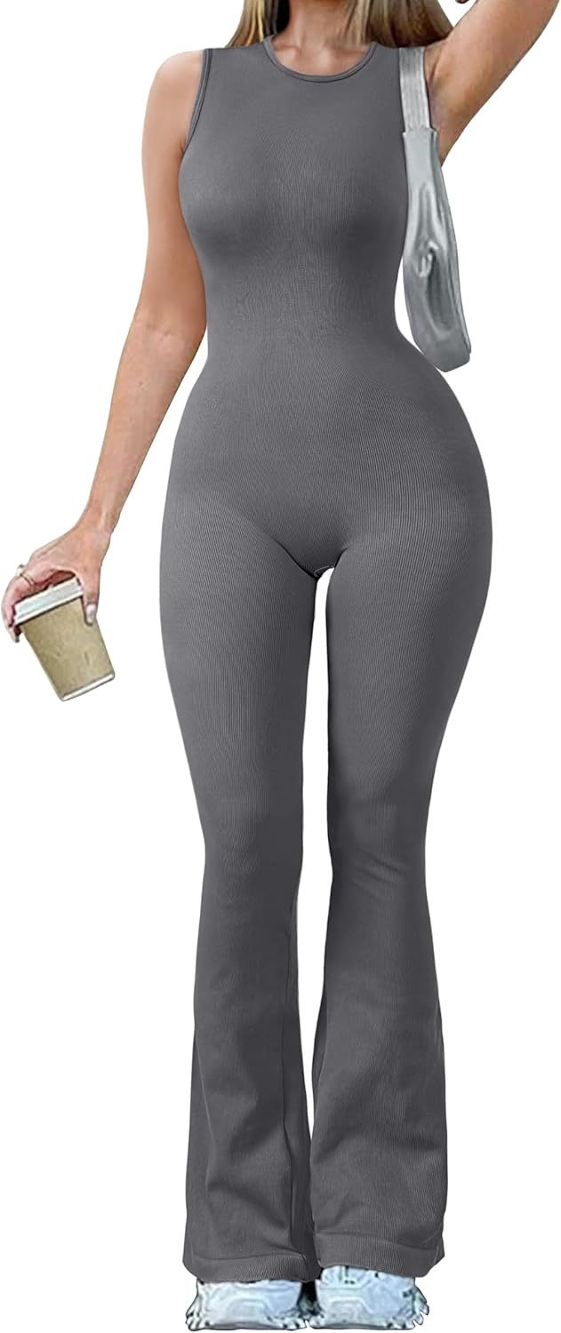 Women Yoga Jumpsuits Ribbed Crew Neck Sleeveless Bell Bottoms Flare Jumpsuits