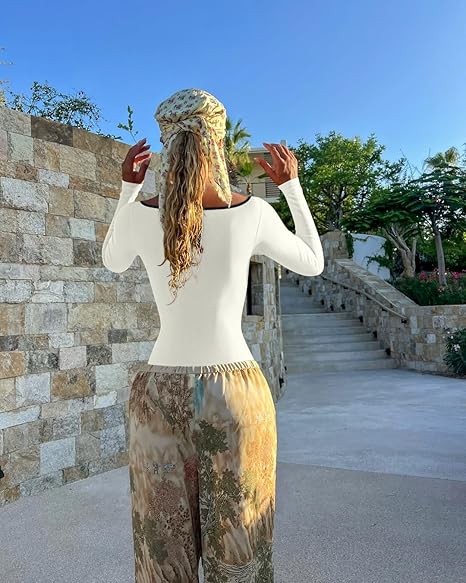 Women Bodysuit Contrast-Trim Square Neck Long Sleeve Stretch Bodysuit Tops