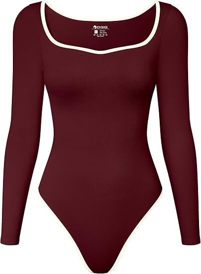 Women Bodysuit Contrast-Trim Square Neck Long Sleeve Stretch Bodysuit Tops