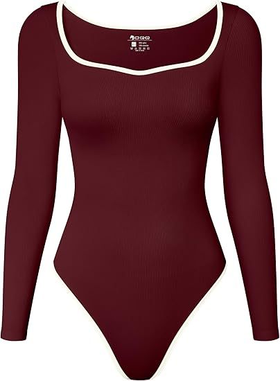 Women Bodysuit Contrast-Trim Square Neck Long Sleeve Stretch Bodysuit Tops