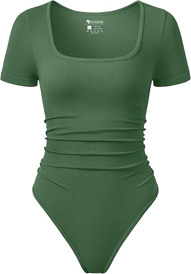 Women Bodysuits Ruched Short Sleeve Square Neck Stretch Lounge Travel Bodysuits