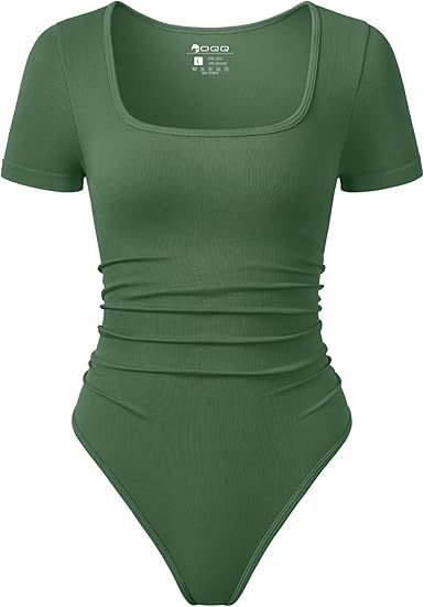 Women Bodysuits Ruched Short Sleeve Square Neck Stretch Lounge Travel Bodysuits