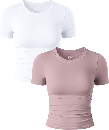 Womens 2 Piece Shirts Short Sleeve Crew Neck Ruched Stretch Fitted Tee Shirts Crop Tops