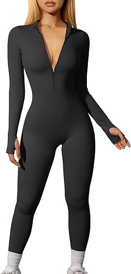 Women Yoga Jumpsuits Workout Ribbed Long Sleeve Zip Front Sport Jumpsuits