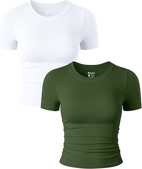 Womens 2 Piece Shirts Short Sleeve Crew Neck Ruched Stretch Fitted Tee Shirts Crop Tops