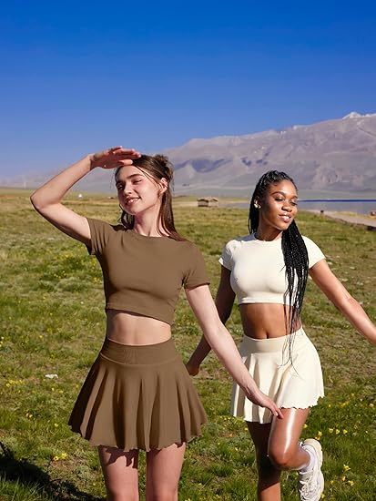 Women Mini Skirts 2 in 1 Flowy Basic Versatile Stretchy Flared Casual A-line Skirt with Pockets