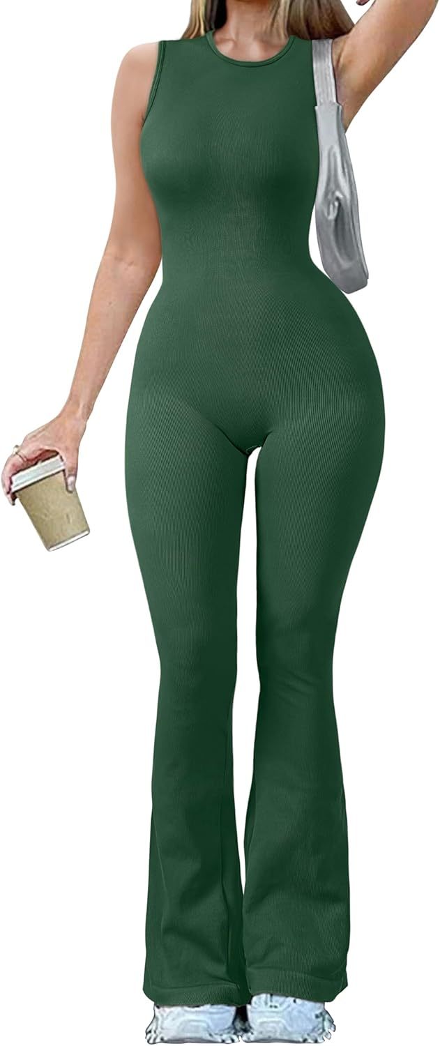 Women Yoga Jumpsuits Ribbed Crew Neck Sleeveless Bell Bottoms Flare Jumpsuits