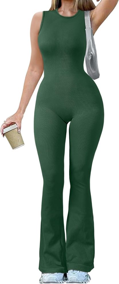 Women Yoga Jumpsuits Ribbed Crew Neck Sleeveless Bell Bottoms Flare Jumpsuits