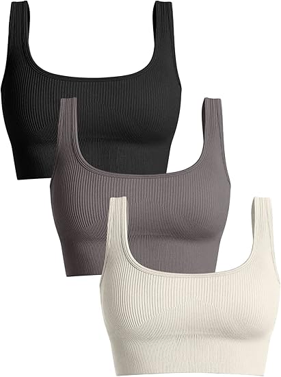 Women's 3 Piece Medium Support Tank Top Ribbed Seamless Removable Cups Workout Exercise Sport Bra
