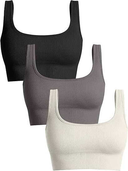 Women's 3 Piece Medium Support Tank Top Ribbed Seamless Removable Cups Workout Exercise Sport Bra