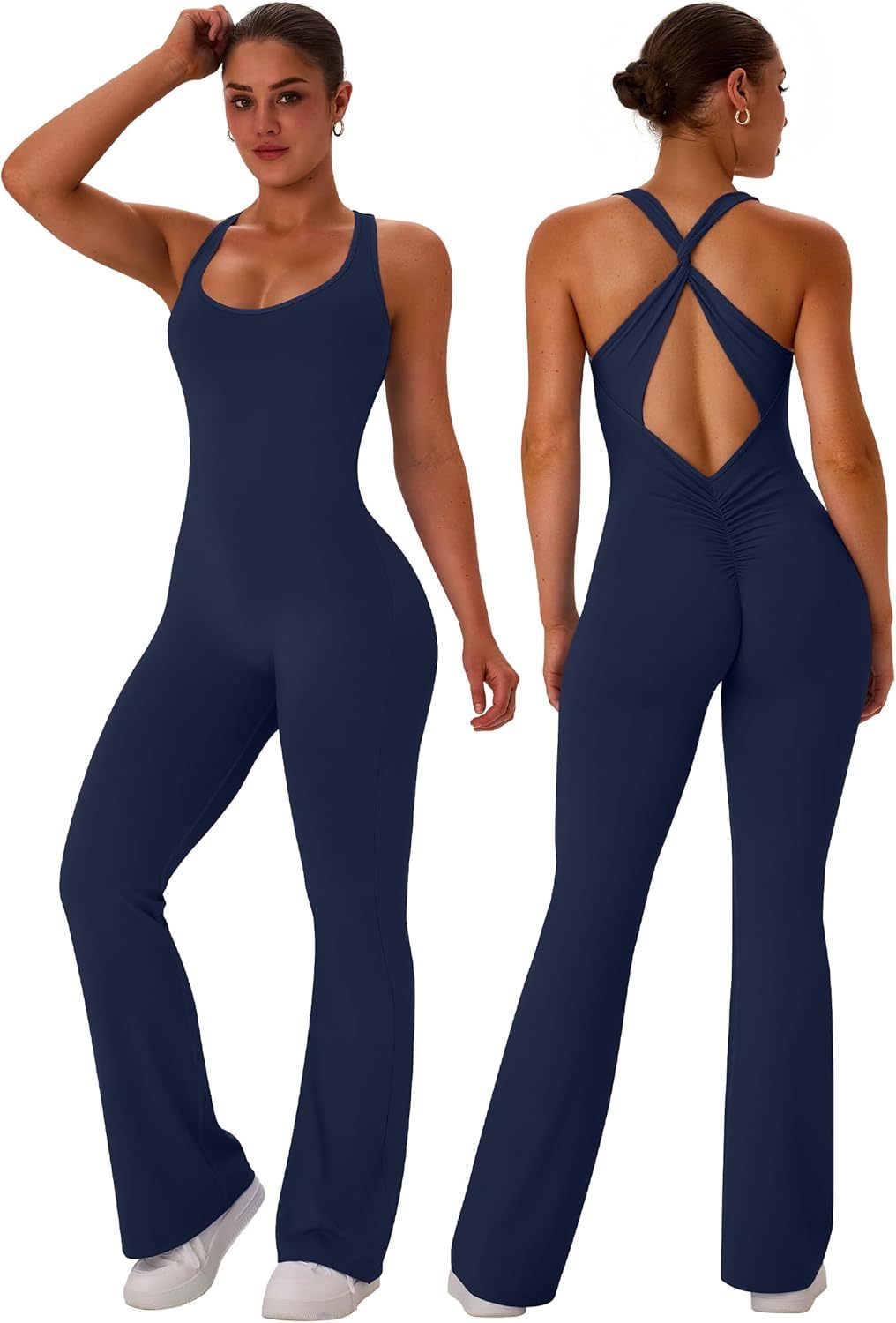 Flare Workout Jumpsuits for Women One Piece Sleeveless Scrunch Butt Lifting Gym Bodysuit Sexy Backless Yoga Outfits