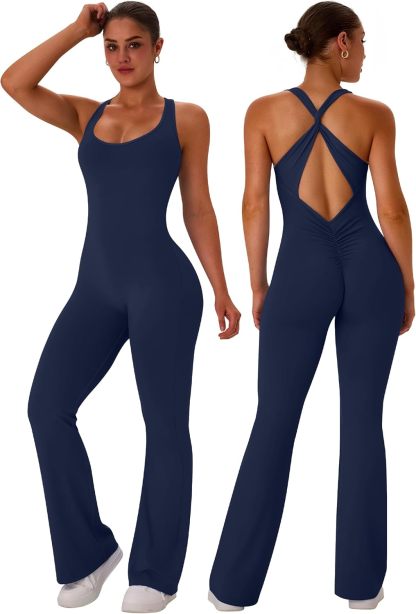  Flare Workout Jumpsuits for Women One Piece Sleeveless Scrunch Butt Lifting Gym Bodysuit Sexy Backless Yoga Outfits