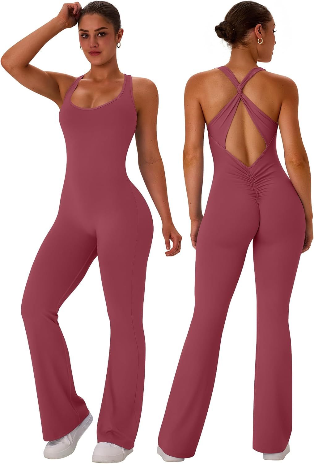  Flare Workout Jumpsuits for Women One Piece Sleeveless Scrunch Butt Lifting Gym Bodysuit Sexy Backless Yoga Outfits