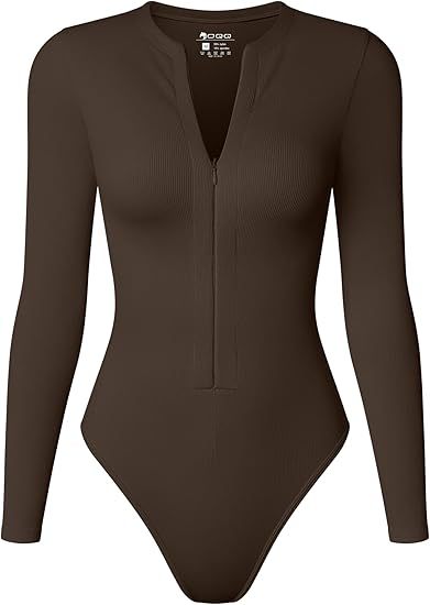 Women's Bodysuit Tops Invisible Zip Long Sleeve Crew Neck Bodysuits