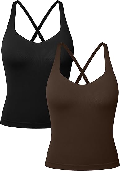 V Neck Cross Back Sports Bra for Women Padded Adjustable Straps Medium Impact Gym Workout Tank Top 2 Pack