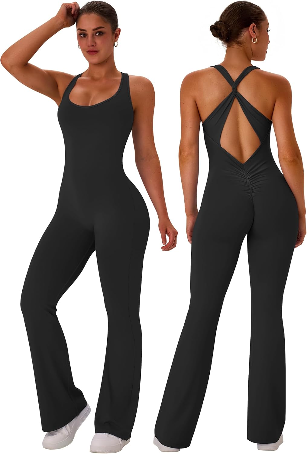  Flare Workout Jumpsuits for Women One Piece Sleeveless Scrunch Butt Lifting Gym Bodysuit Sexy Backless Yoga Outfits