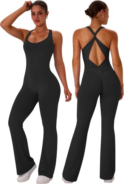  Flare Workout Jumpsuits for Women One Piece Sleeveless Scrunch Butt Lifting Gym Bodysuit Sexy Backless Yoga Outfits