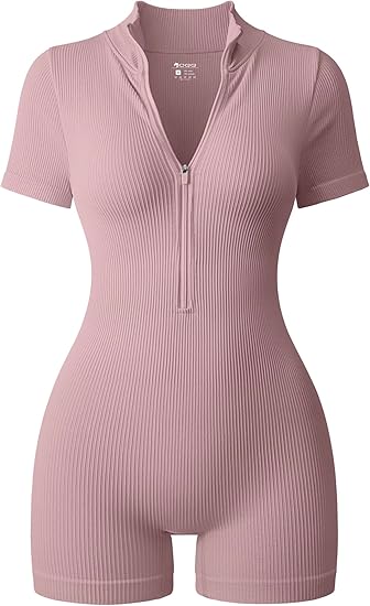 Women Rompers Ribbed Short Sleeve Zip Front Stretch Tummy Control Yoga Workout Rompers
