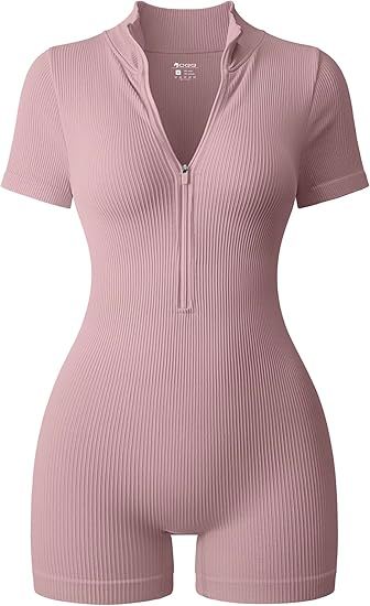 Women Rompers Ribbed Short Sleeve Zip Front Stretch Tummy Control Yoga Workout Rompers