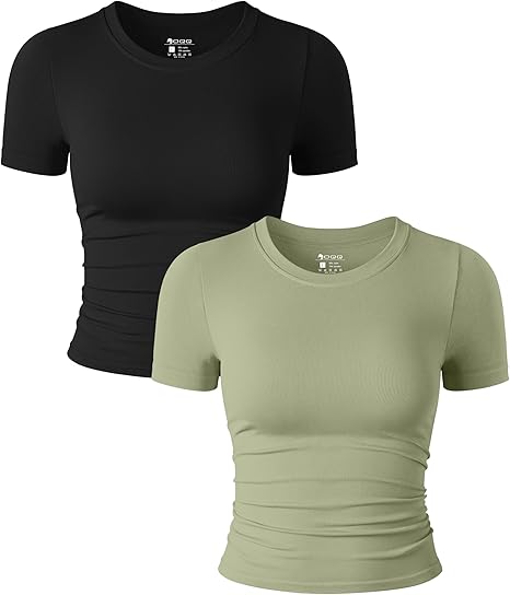 Womens 2 Piece Shirts Short Sleeve Crew Neck Ruched Stretch Fitted Tee Shirts Crop Tops