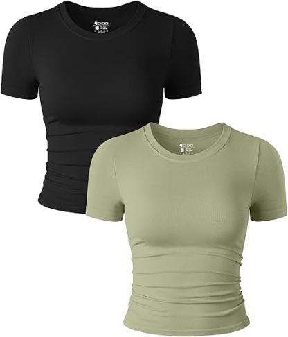 Womens 2 Piece Shirts Short Sleeve Crew Neck Ruched Stretch Fitted Tee Shirts Crop Tops