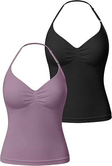 Women’s Longline Strappy Sports Bra Workout Top with Built-in Bra Soft Stretch Gym Top 2 Pack