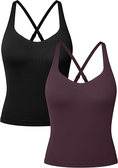 V Neck Cross Back Sports Bra for Women Padded Adjustable Straps Medium Impact Gym Workout Tank Top 2 Pack