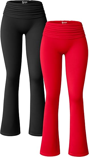 Women's 2 Piece Flared Pants Ribbed Fold Over Kick Ruched Stretch High Waist Casual Wide Leg