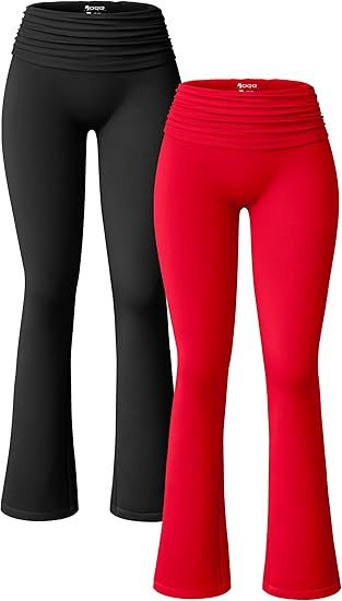 Women's 2 Piece Flared Pants Ribbed Fold Over Kick Ruched Stretch High Waist Casual Wide Leg