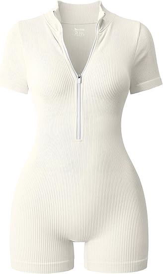 Women Rompers Ribbed Short Sleeve Zip Front Stretch Tummy Control Yoga Workout Rompers