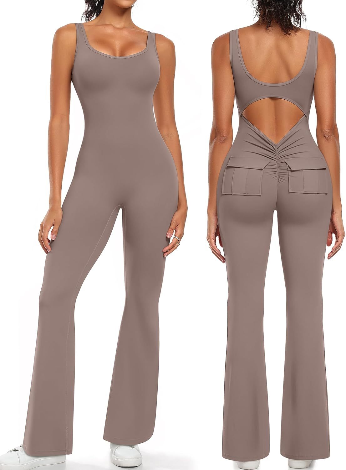 Womens Flare Jumpsuits One Piece Seamless Butt Scrunch Workout Romper Square Neck Backless Wide Leg Unitard