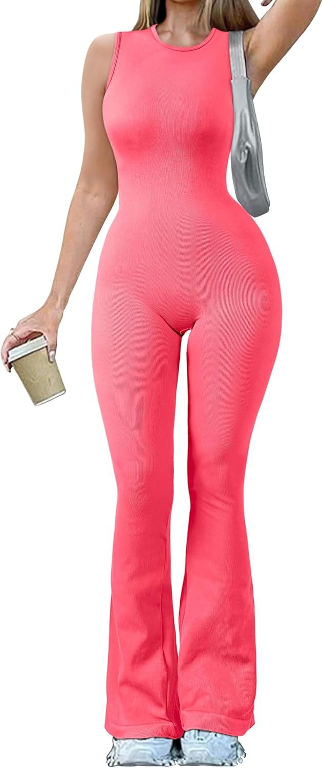 Women Yoga Jumpsuits Ribbed Crew Neck Sleeveless Bell Bottoms Flare Jumpsuits