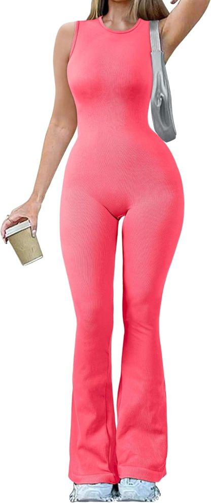 Women Yoga Jumpsuits Ribbed Crew Neck Sleeveless Bell Bottoms Flare Jumpsuits
