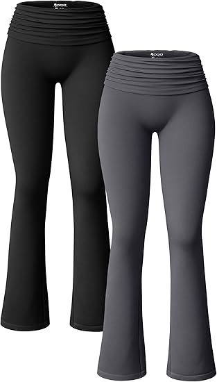 Women's 2 Piece Flared Pants Ribbed Fold Over Kick Ruched Stretch High Waist Casual Wide Leg