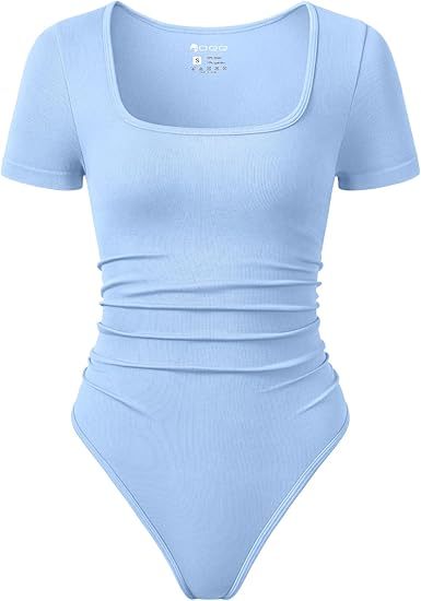 Women Bodysuits Ruched Short Sleeve Square Neck Stretch Lounge Travel Bodysuits
