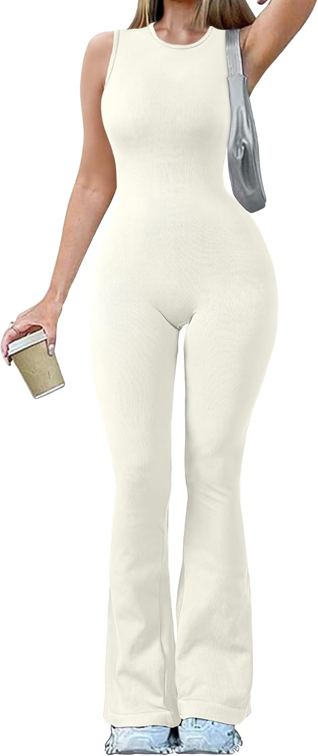 Women Yoga Jumpsuits Ribbed Crew Neck Sleeveless Bell Bottoms Flare Jumpsuits