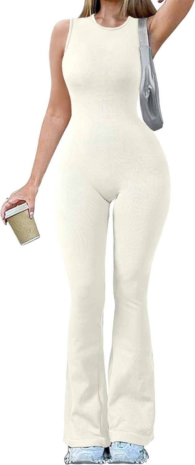 Women Yoga Jumpsuits Ribbed Crew Neck Sleeveless Bell Bottoms Flare Jumpsuits