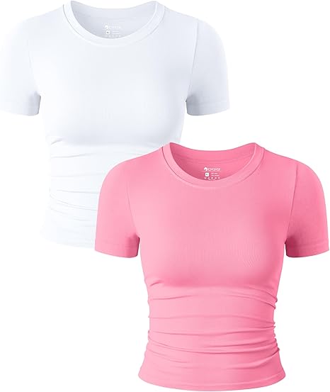 Womens 2 Piece Shirts Short Sleeve Crew Neck Ruched Stretch Fitted Tee Shirts Crop Tops